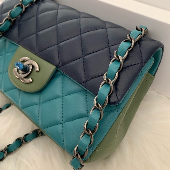 SOLD-CHANEL Blue Navy Green Lambskin Mini Bag - Picture 4 of 7